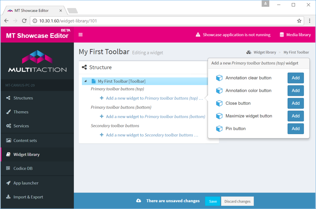 MT Showcase Editor showing the widget editing page