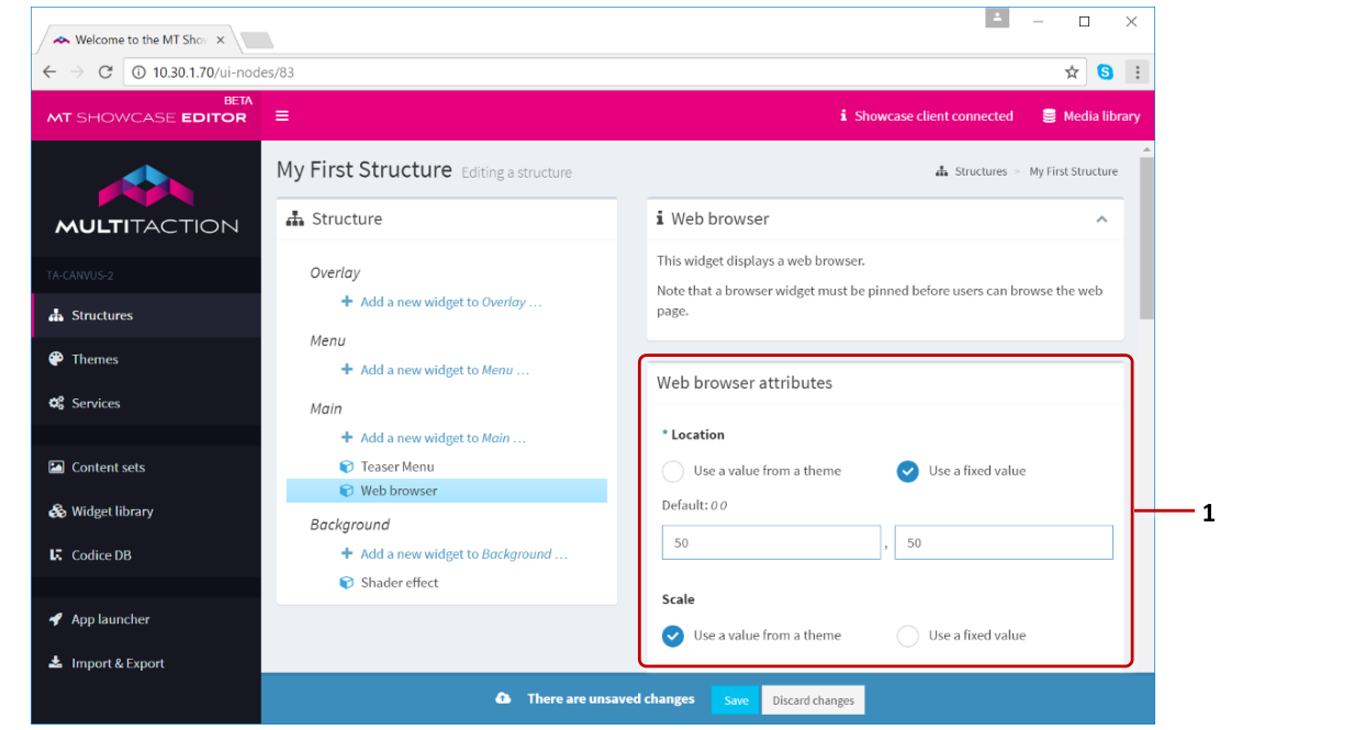 Editing a structure screen showing widget attributes pane