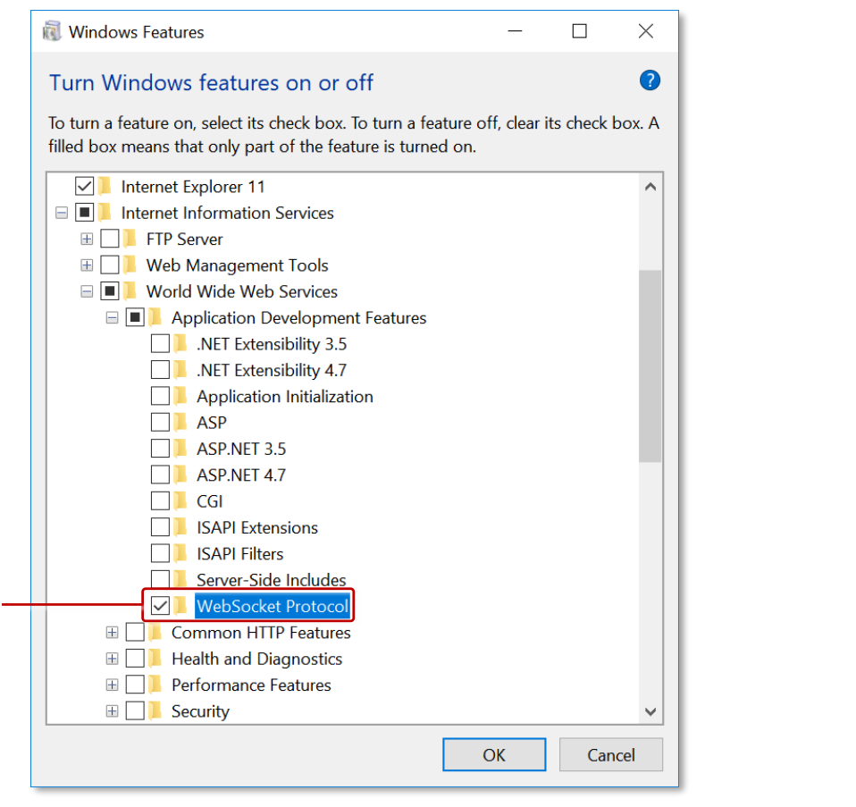 Windows Features dialog showing WebSocket Protocol check box