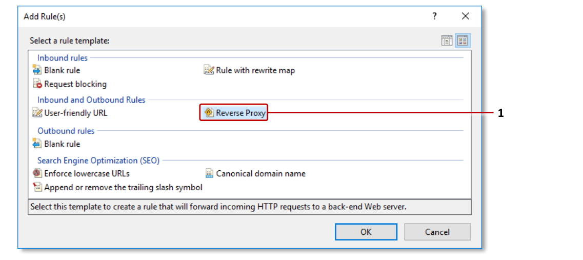 Add Rules dialog showing Reverse Proxy rule template