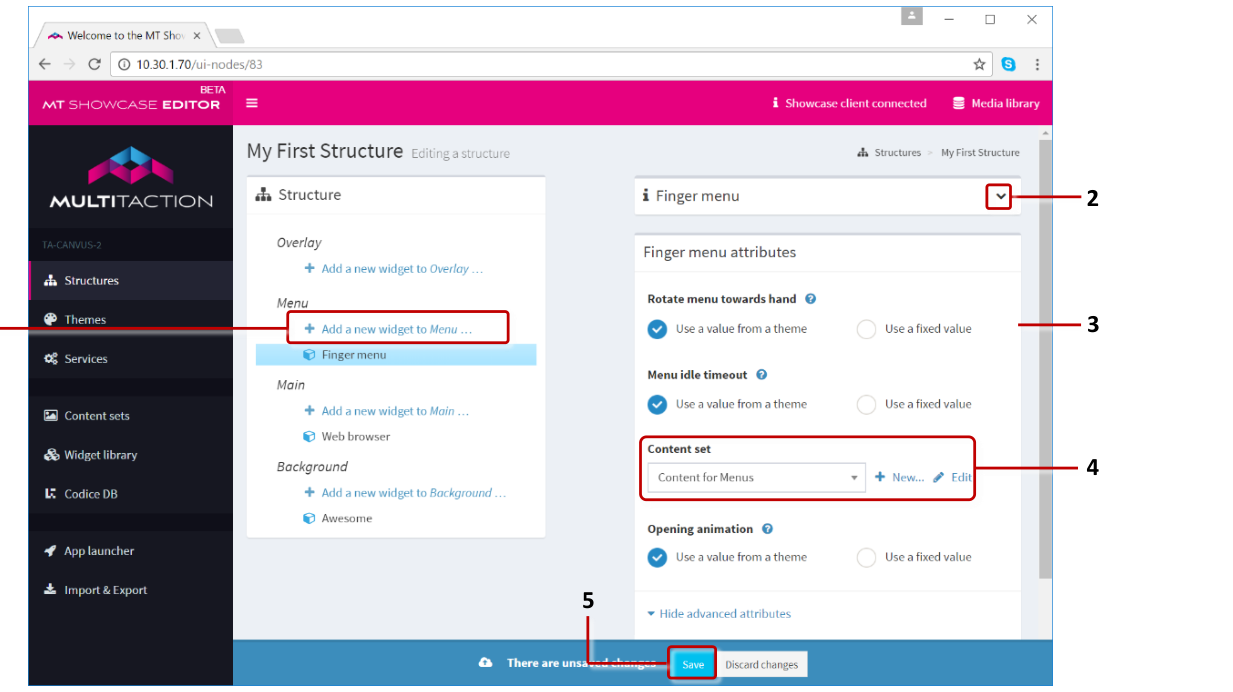 MT Showcase Editor Editing a Structure screen with finger menu