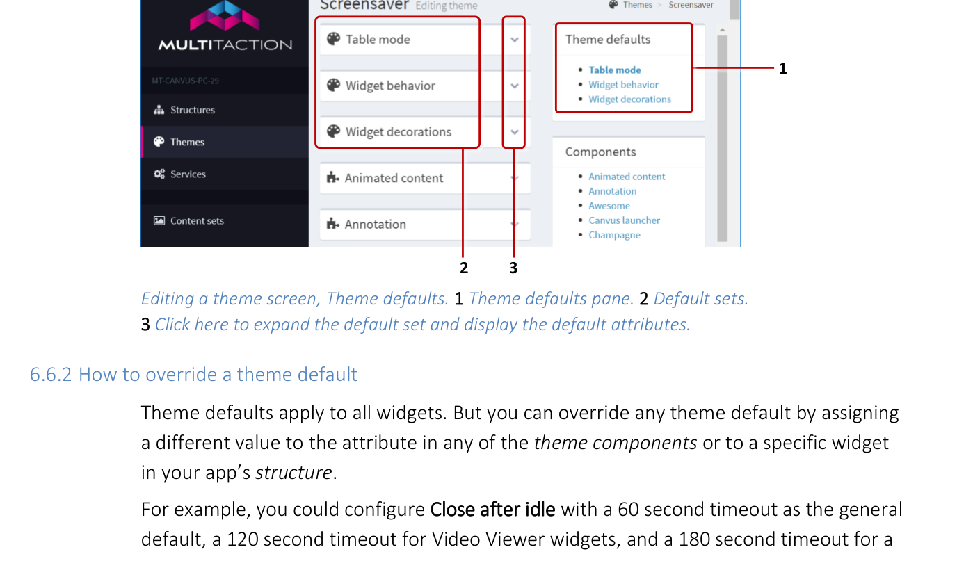 Editing a theme screen, Theme defaults