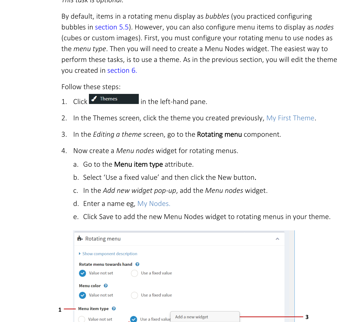 Editing a theme screen showing Rotating menu component and Menu item type attribute