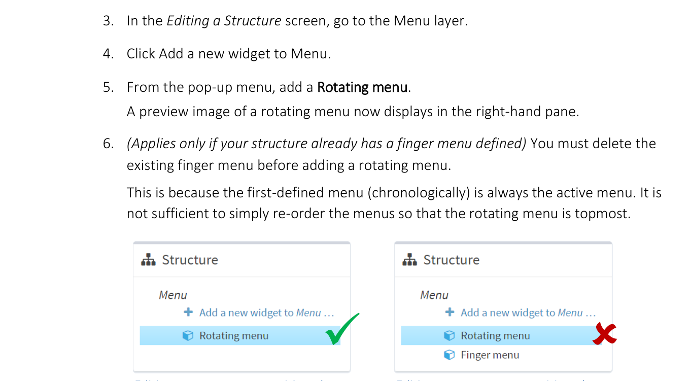 Correct and incorrect structure setup for rotating menus