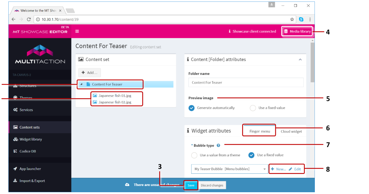 Editing a content set screen showing teaser content set configuration