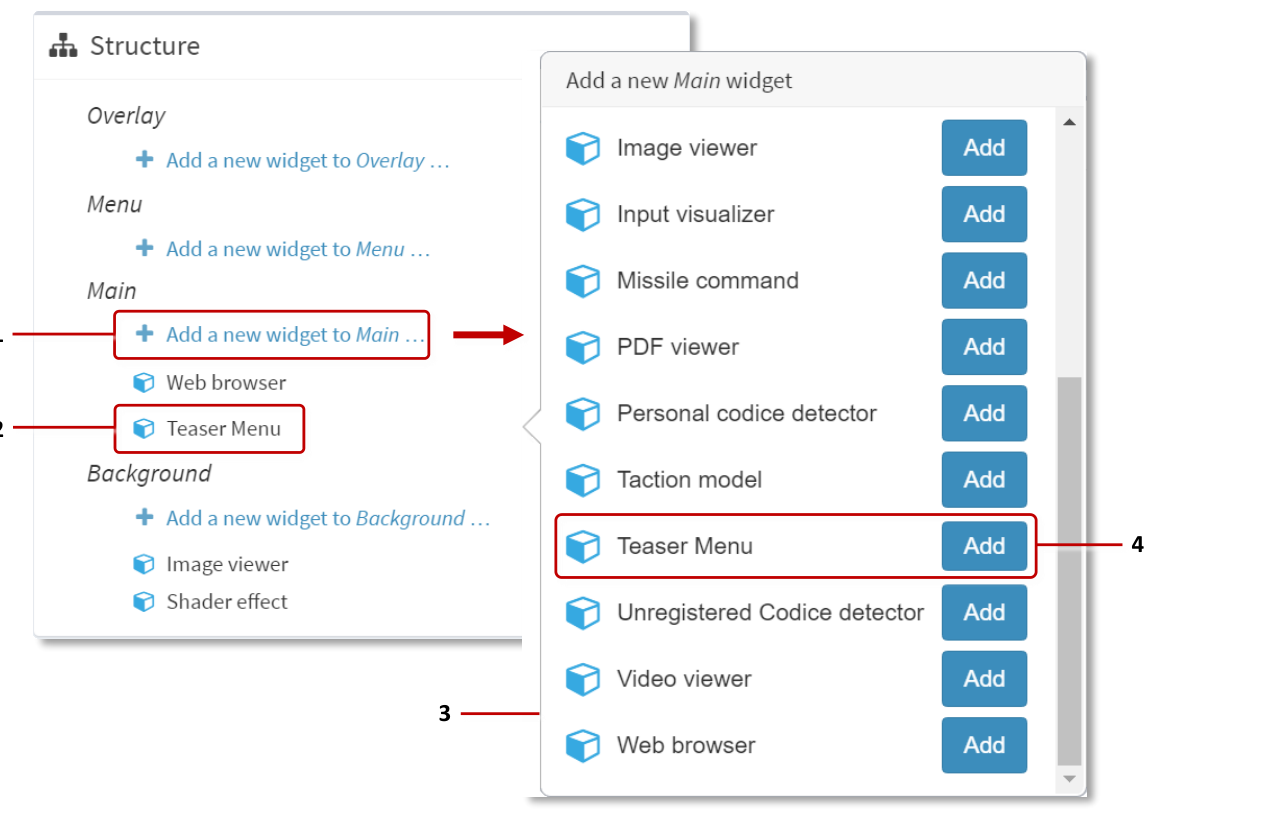 Editing a structure screen showing Teaser menu widget added to Main layer