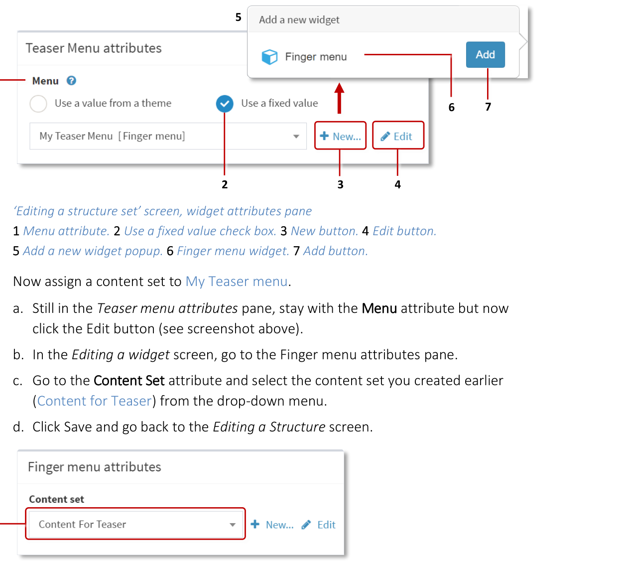 Editing a structure screen showing Teaser menu attributes with Menu attribute