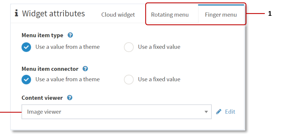 Widget attributes pane showing menu tabs and Content viewer attribute
