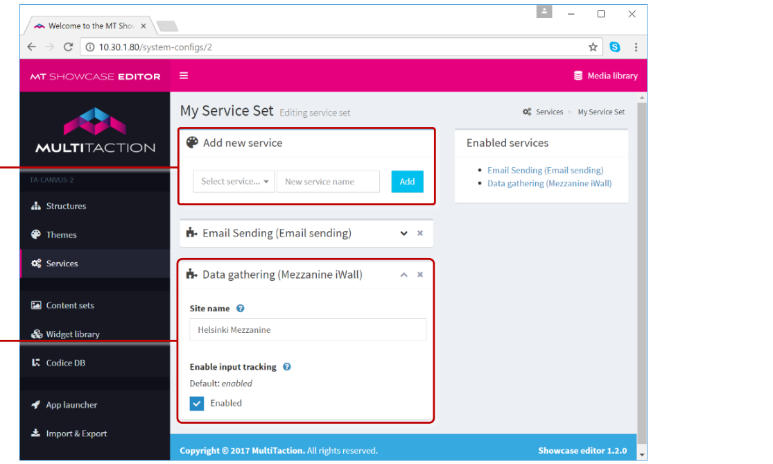 Editing a service set screen showing Data Gathering service