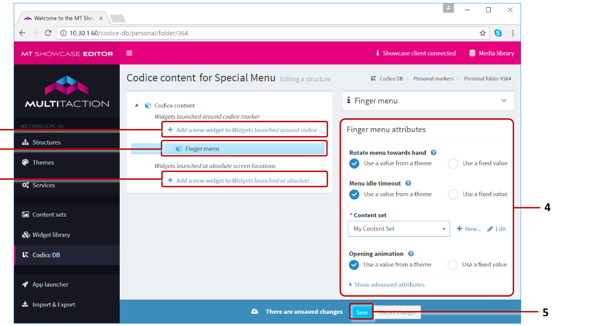 Codice content in the Editing a structure screen showing launched widgets