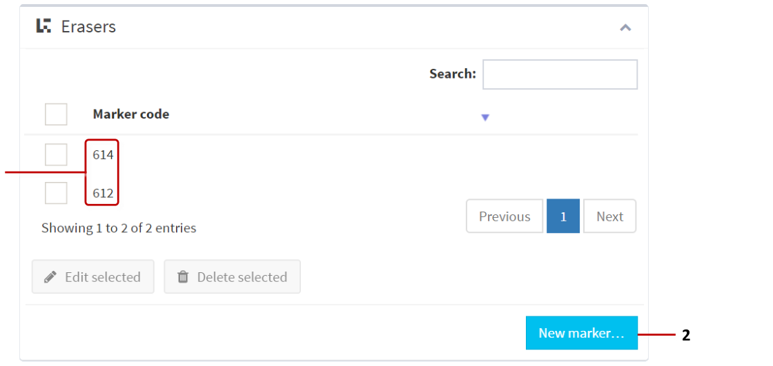 Codice Database screen showing Erasers pane with marker codes