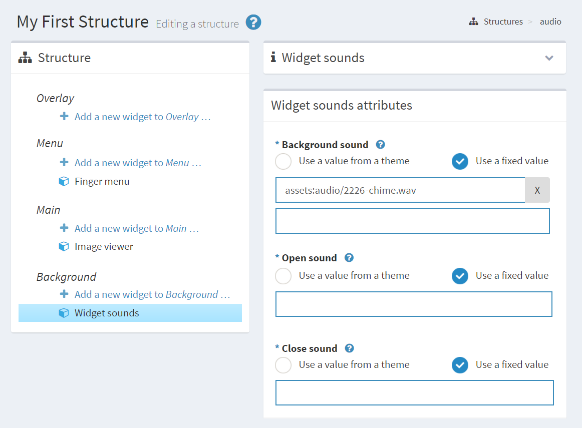 Editing a structure screen showing background layer with Widget Sounds