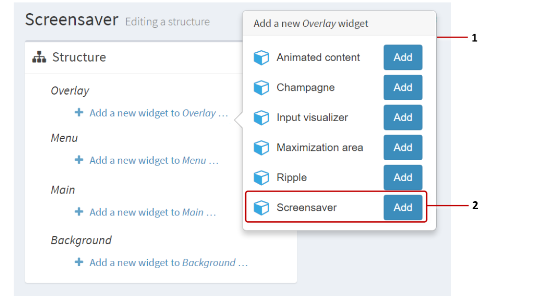 Editing a structure screen with pop-up menu of Overlay widgets
