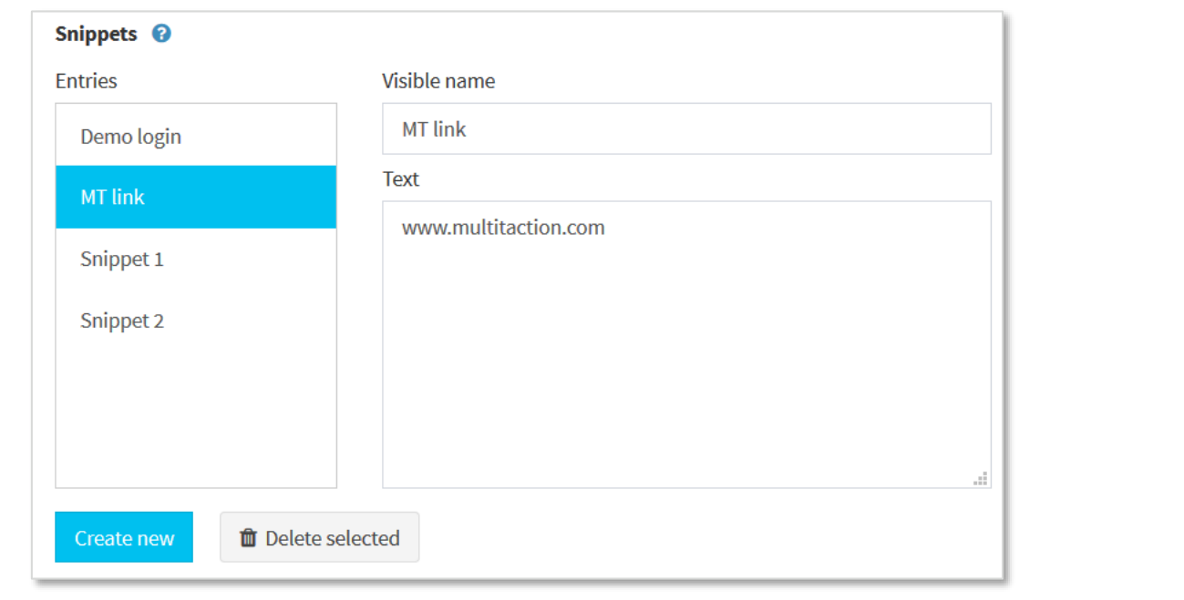 Editing a service set screen with Snippets service text snippets editor