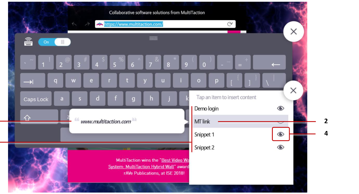 On-screen keyboard with configured text snippets