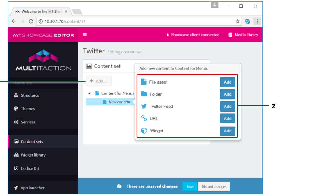 Editing a content set screen with Add button and pop-up menu