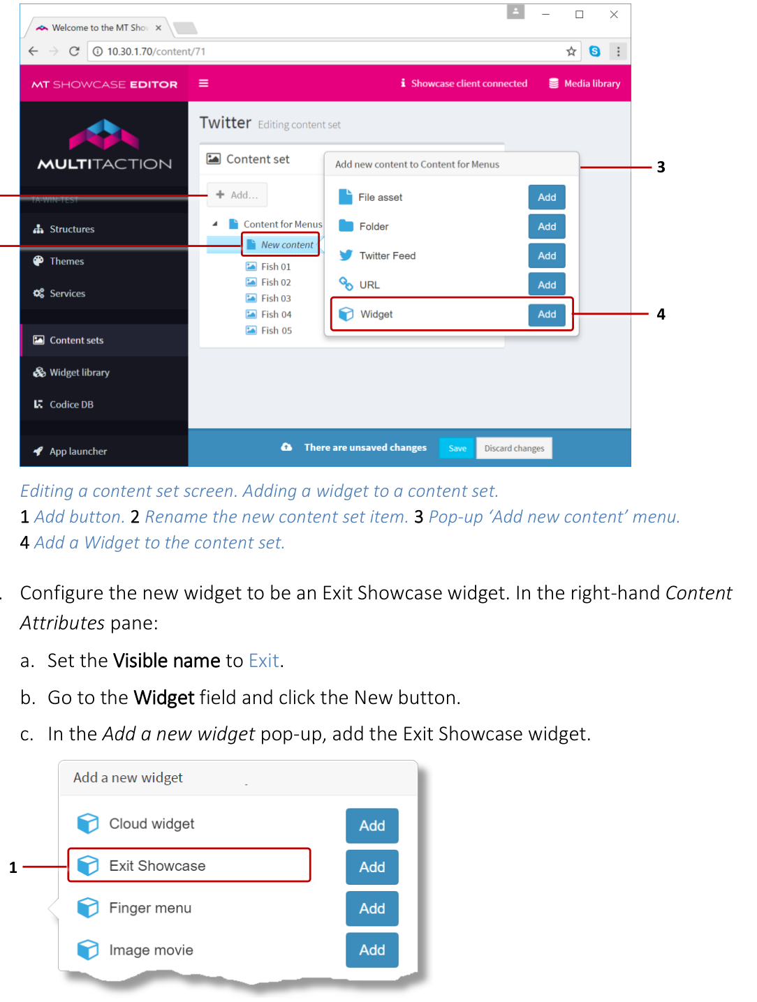 Editing a content set screen, adding a widget to a content set