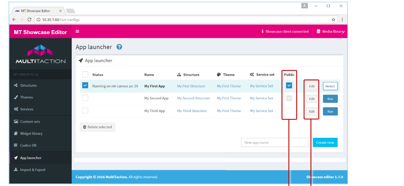 App launcher screen with Public checkboxes and Edit buttons