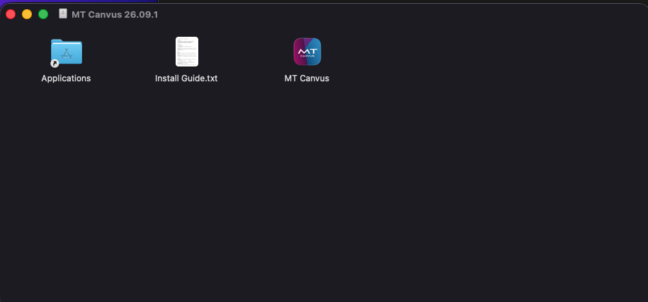 The mounted MT Canvus disk image, showing the application, an Applications shortcut and the install guide