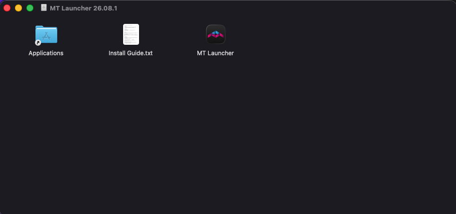 The mounted MT Launcher disk image, showing the application, an Applications shortcut and the install guide
