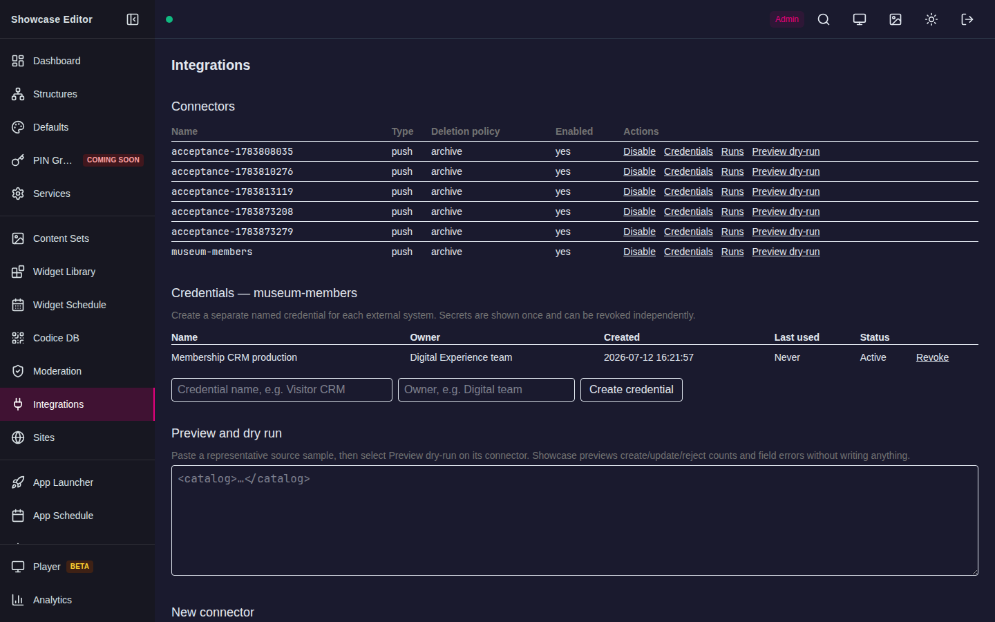 Named connector credentials and run history