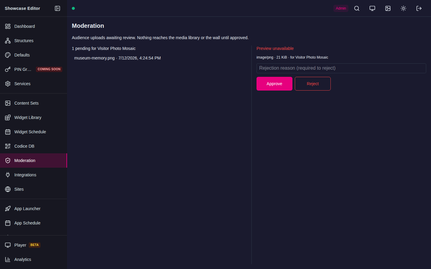 A populated moderation queue with target and preview