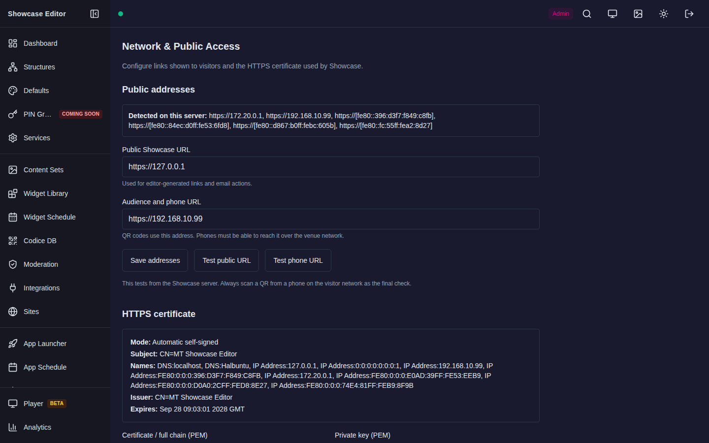 Network and Public Access settings