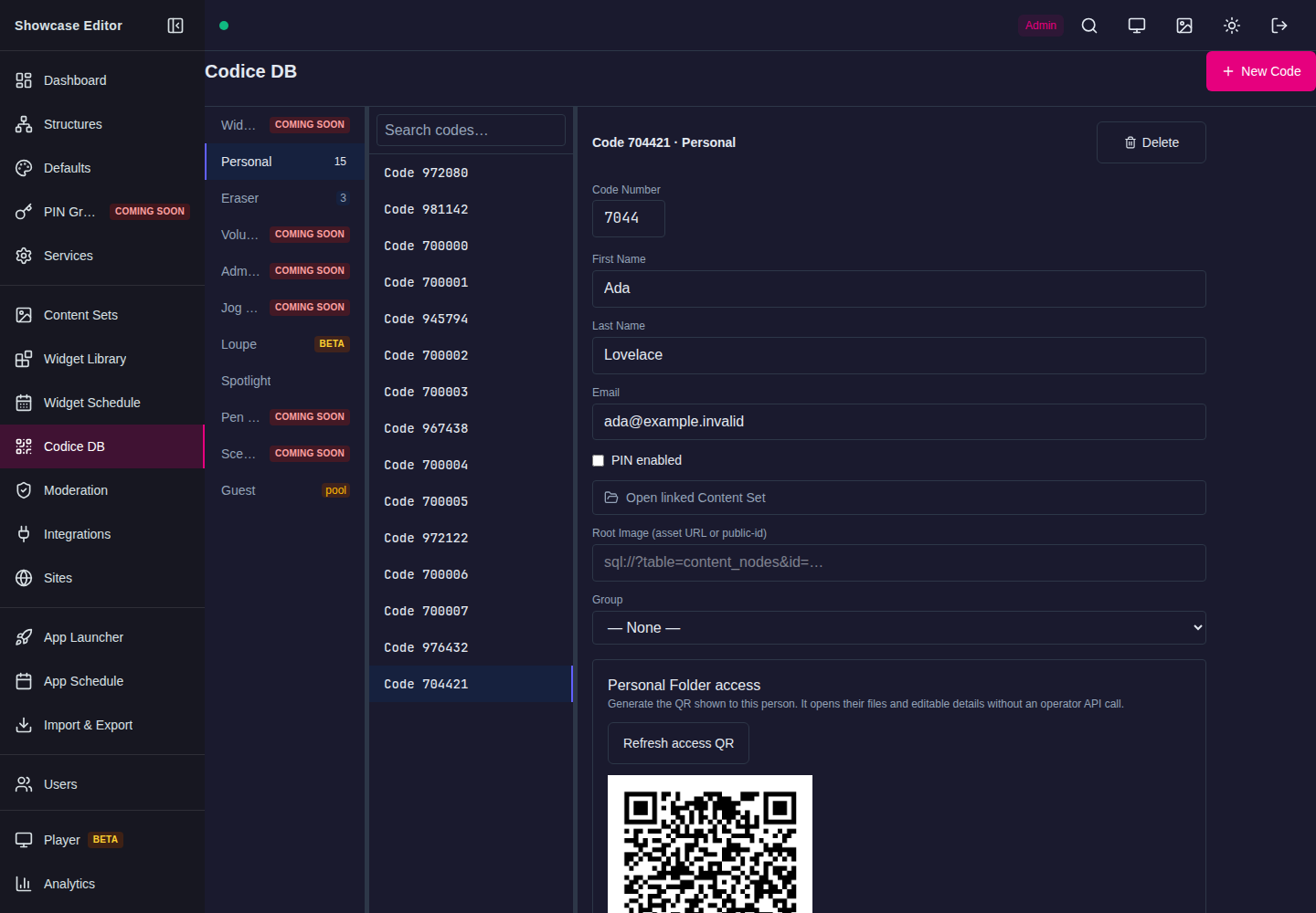 A populated Personal Folder and Access QR