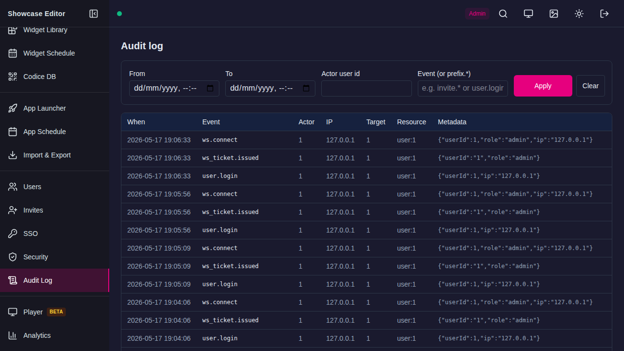 Audit log admin page