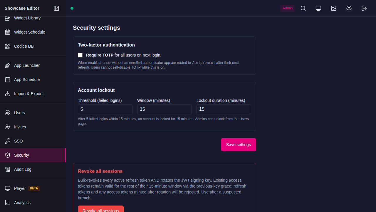 Security settings admin page