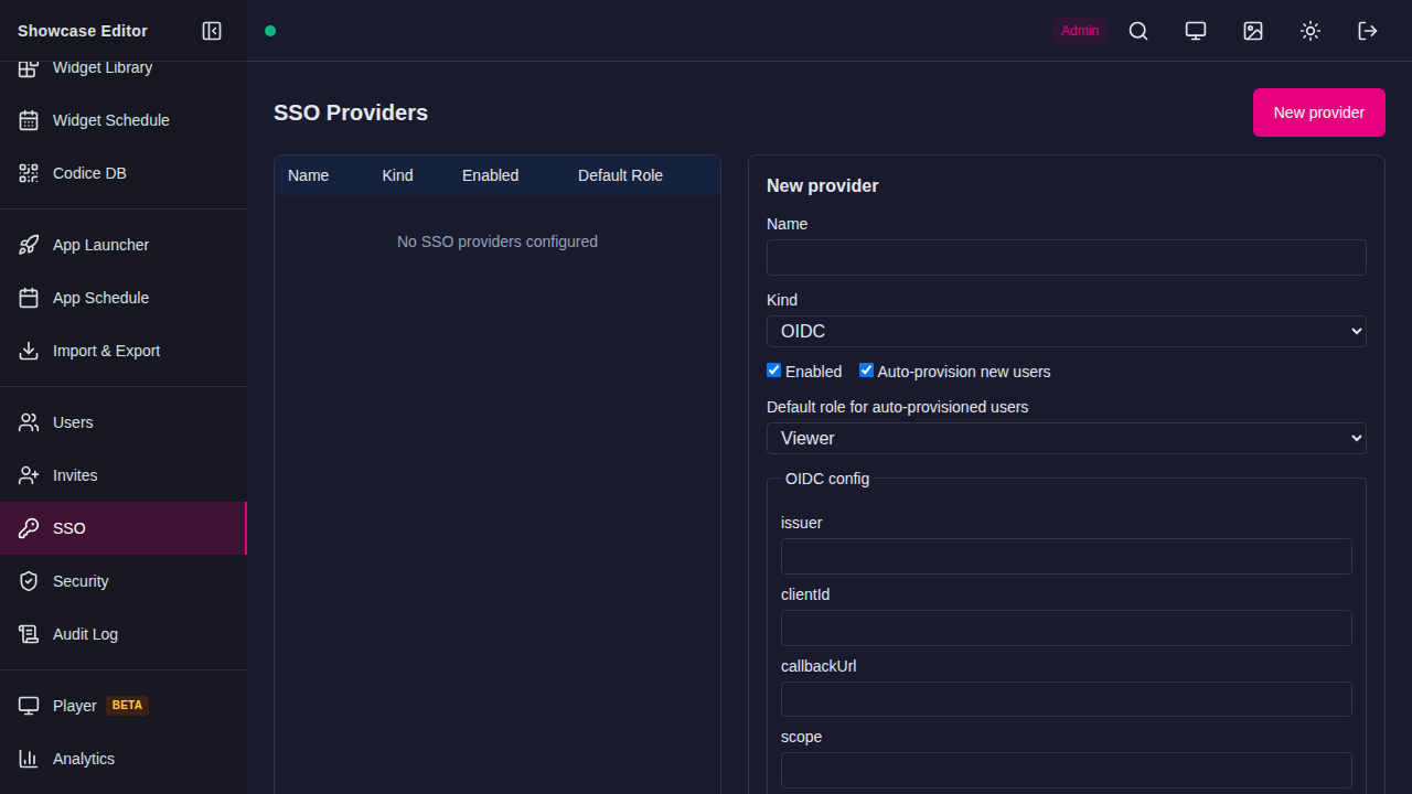 SSO providers admin page