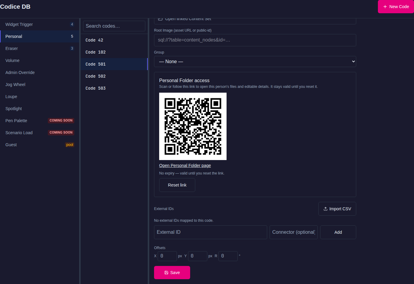 Codice DB with personal Code 501 selected, showing the Personal Folder access panel with QR code, Open Personal Folder page link, no-expiry note and Reset link button