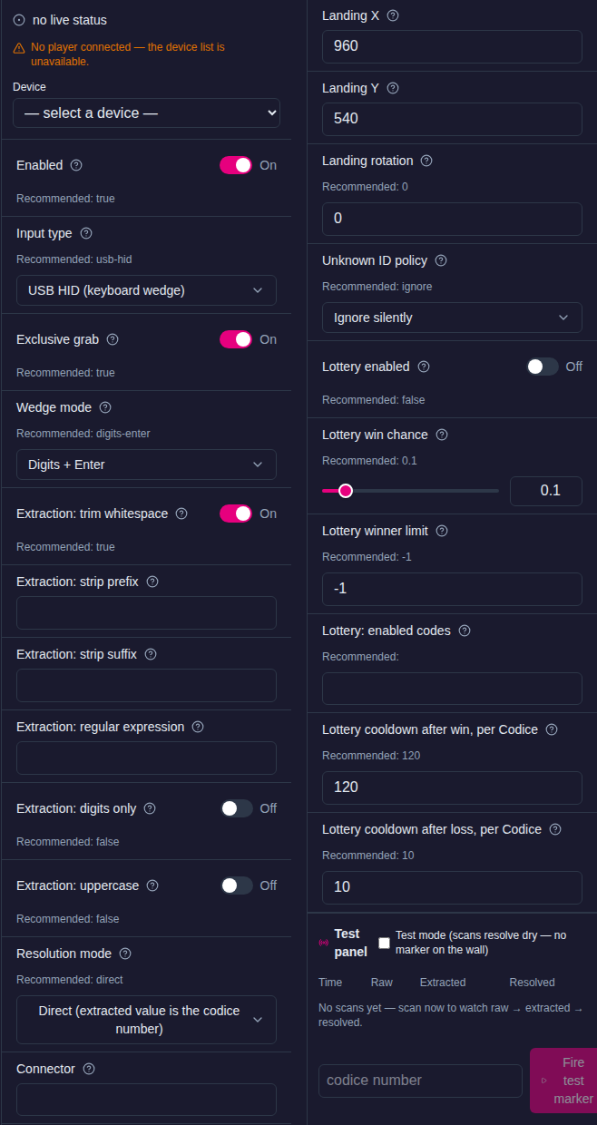 Codice Input service panel: Input type, Device, extraction options, Resolution mode, Landing X/Y/rotation, Unknown ID policy and the Test panel
