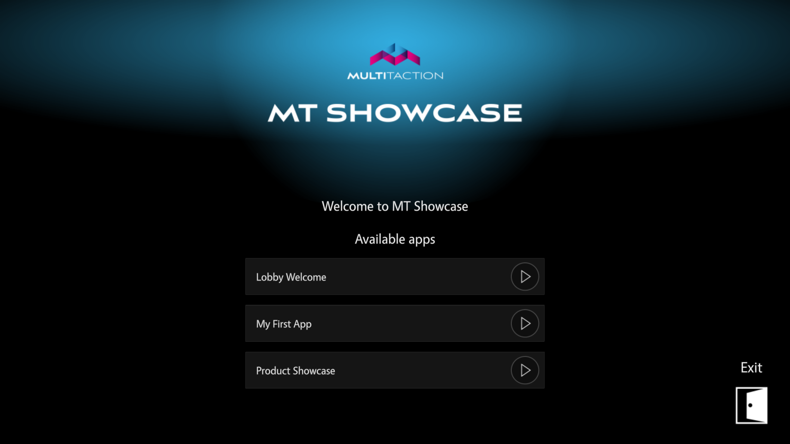 MT Showcase welcome screen listing three apps (Lobby Welcome, My First App, Product Showcase) with an Exit button in the bottom-right corner