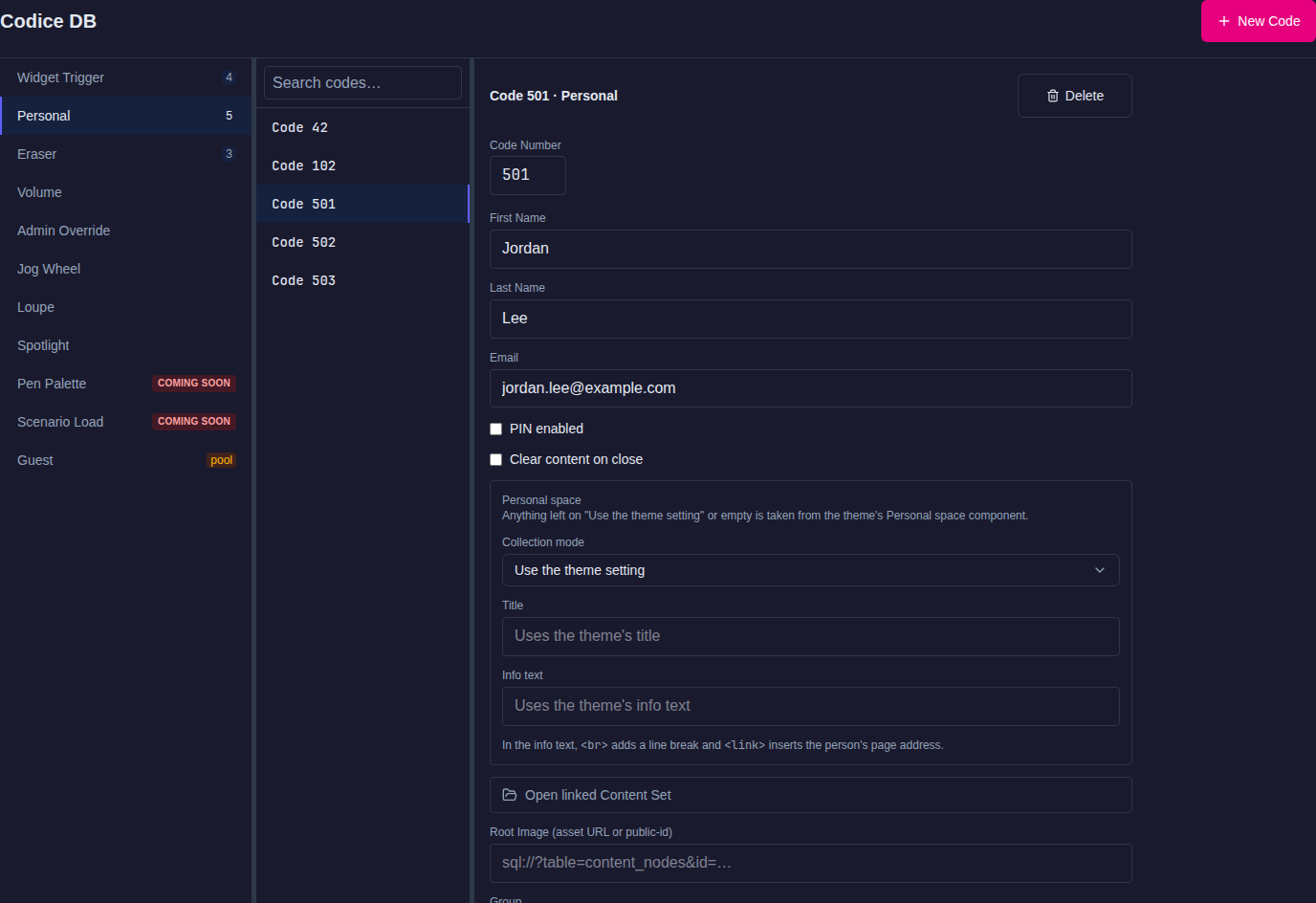 Codice DB with Personal selected: type list with counts on the left, demo personal codes in the middle and Code 501's detail panel on the right
