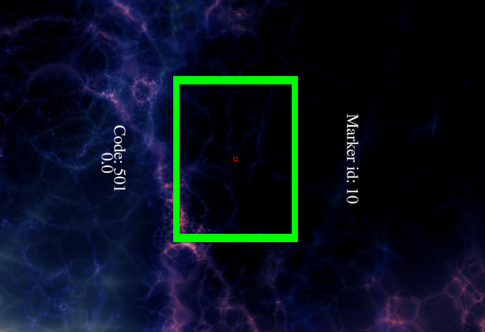 Input visualizer in the Overlay layer: a green rectangle outlines a Codice card on the screen, with the text Code: 501 on one side and Marker id: 10 on the other