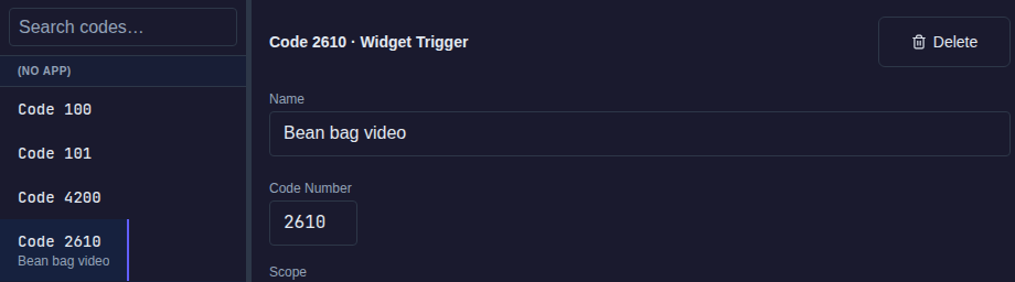 Codice DB with Code 2610 selected: the list shows Bean bag video under the code number, and the details show the Name field filled in above Code Number and Scope