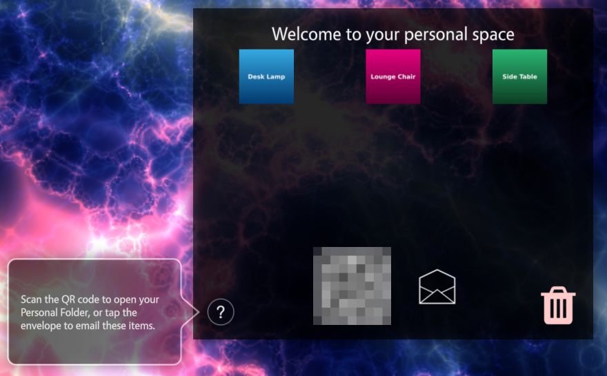 Personal space opened by a Personal code in Show QR and email envelope mode: the title Welcome to your personal space, three collected product images, a QR code (blurred here), an envelope button, a delete (trash) button, and the info text shown in a tooltip from the ? button