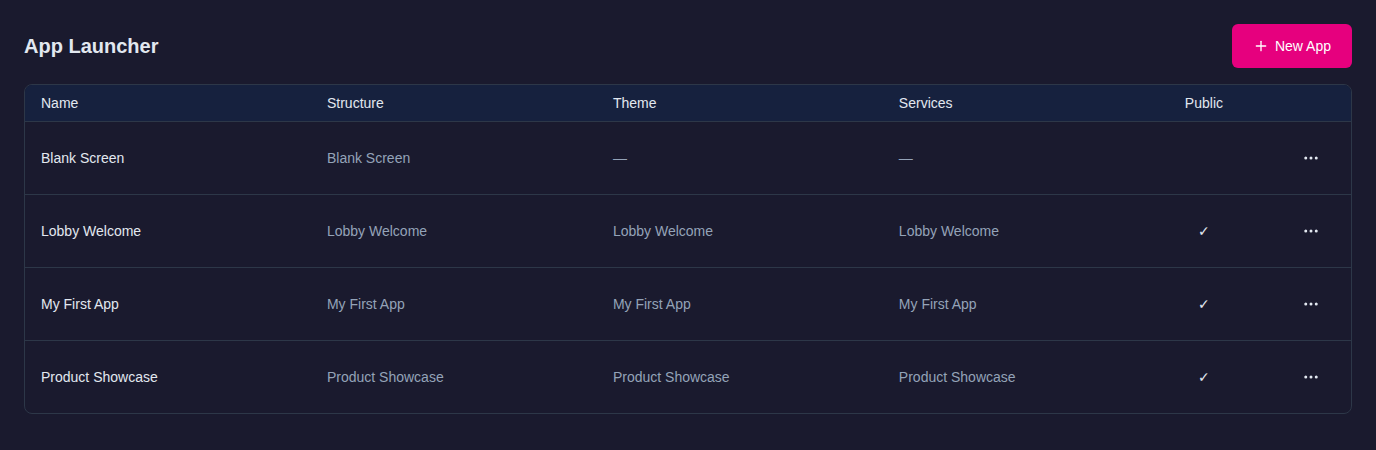 App Launcher with demo apps Lobby Welcome, My First App and Product Showcase showing Name, Structure, Theme, Services and Public columns