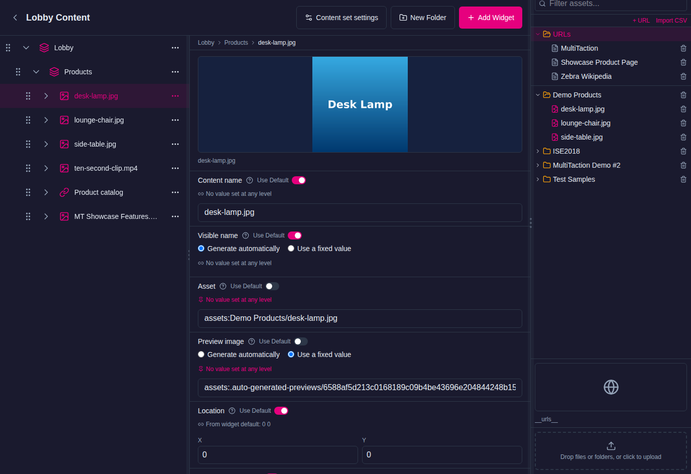 Content Sets editor: Lobby folder with a Products subfolder of images, a video, a URL and a PDF, the three header buttons and the Media Library panel