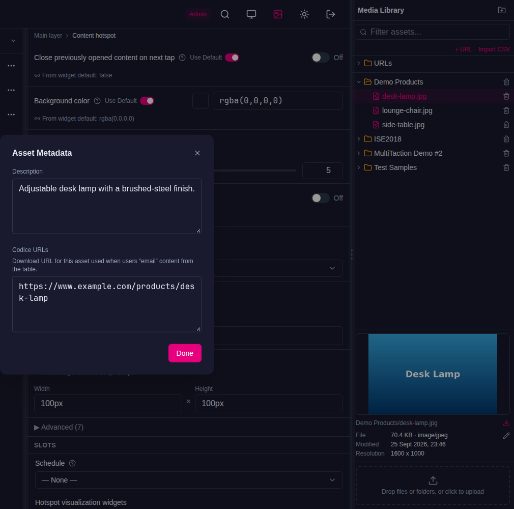 Media Library panel with the Demo Products folder open, desk-lamp.jpg selected with its preview, and the Asset Metadata dialog showing Description and Codice URLs; URLs library folder at the top