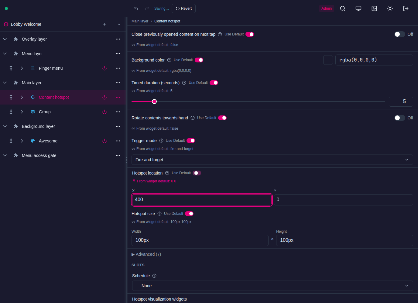 Structures page for a demo structure: Overlay, Menu (finger menu), Main (content hotspot, group), Background (Awesome) layers and Menu access gate, a content hotspot selected, Saving… status visible