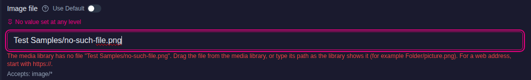 Image file field with a typed path that is not in the media library, and the message The media library has no file under it