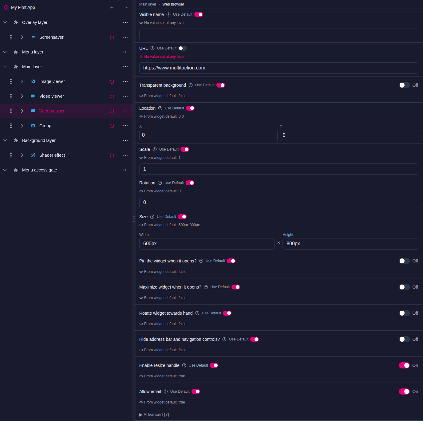 Structures page with a Web browser selected: URL, Location, Scale and other attributes with Use Default toggles and captions, and the collapsed Advanced (7) row