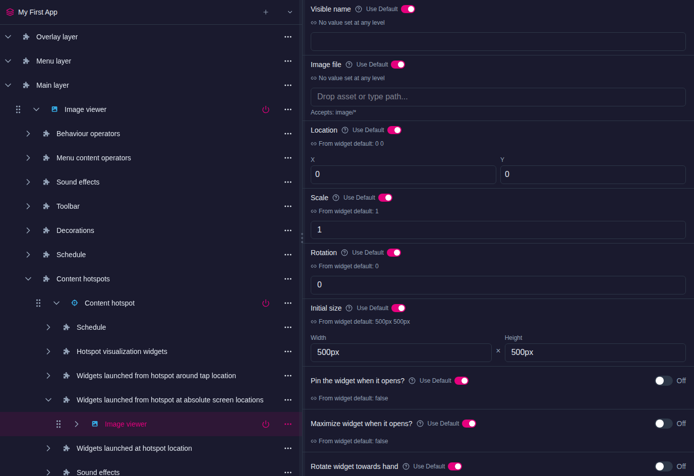 Structures page with an Image viewer expanded, its Content hotspots row holding a Content hotspot, expanded to show its launch slots with an Image viewer under Widgets launched from hotspot at absolute screen locations