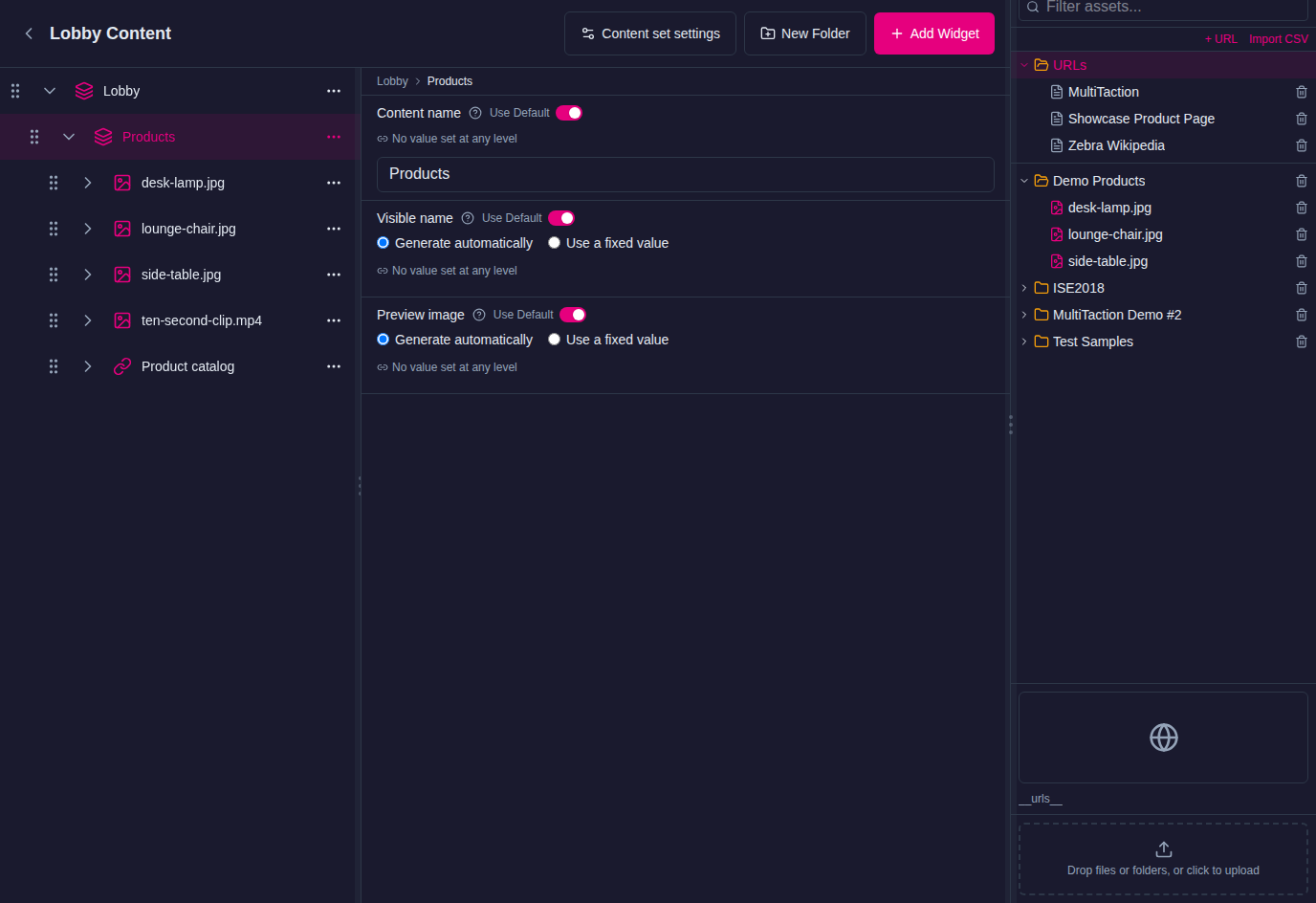 Content set editor with a Lobby folder and a Products subfolder holding three images, a video and a URL, with the Content set settings, New Folder and Add Widget buttons and the Media Library panel