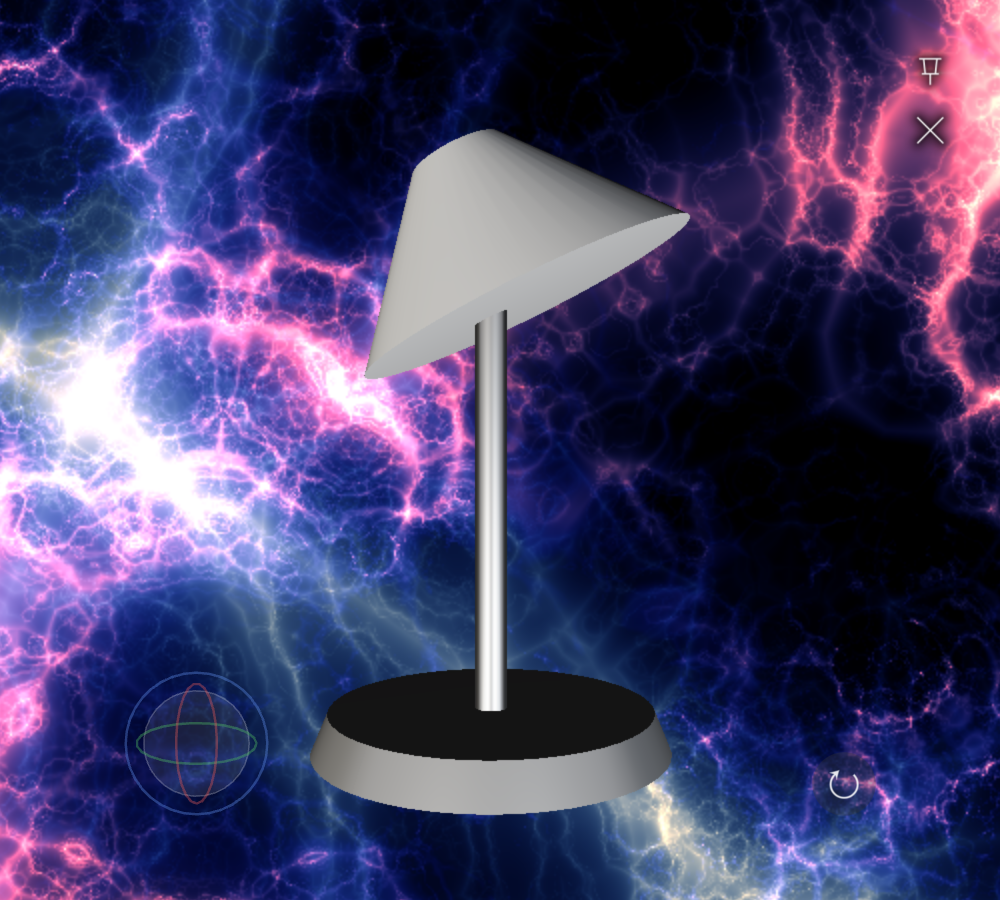 3D model viewer showing a desk lamp GLB model floating over the app background with a transparent backdrop; the Pin and Close toolbar is at the top right, an orbit gizmo at the bottom left and a reset-view button at the bottom right