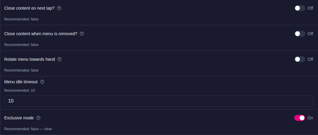 Finger menu settings in a structure: Close content on next tap? Off, Close content when menu is removed? Off, Rotate menu towards hand Off, Menu idle timeout 10, and Exclusive mode On