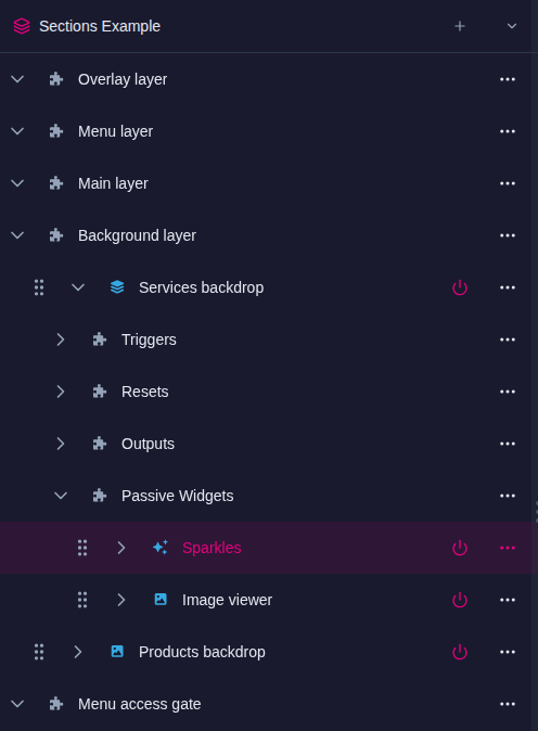 Background layer holding a group named Services backdrop, whose Passive Widgets slot contains Sparkles and an Image viewer
