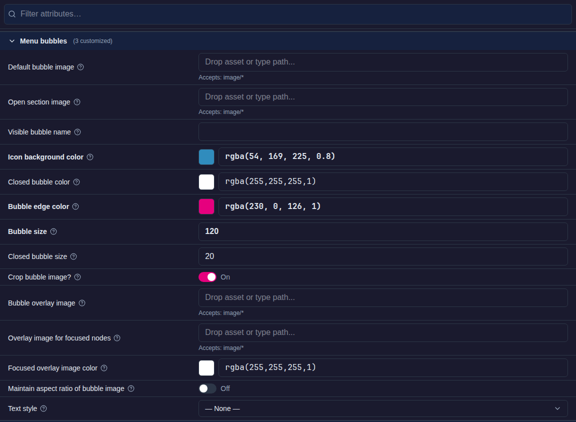 Theme editor, Components > Menu bubbles with Icon background color, Bubble edge color and Bubble size customized